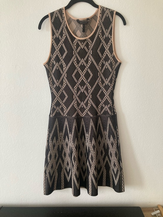 BCBGMaxAzria Dresses & Skirts - BCBGMaxAzria Black and Beige Geometric Knit Fit-and-Flare Mini Dress